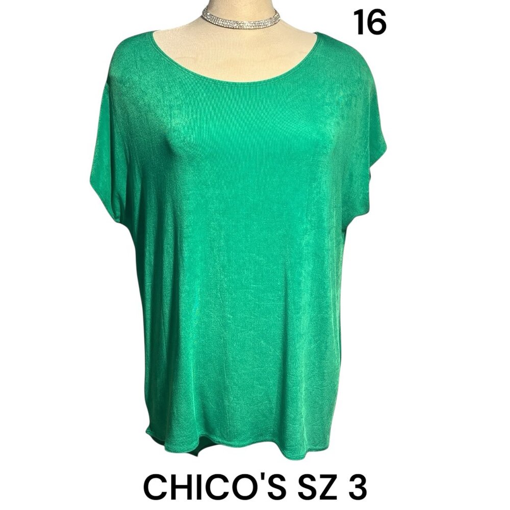 CHICO'S Top Emerald Green Chico's Size 3 Stretchy Asymmetrical Size 16 XL
